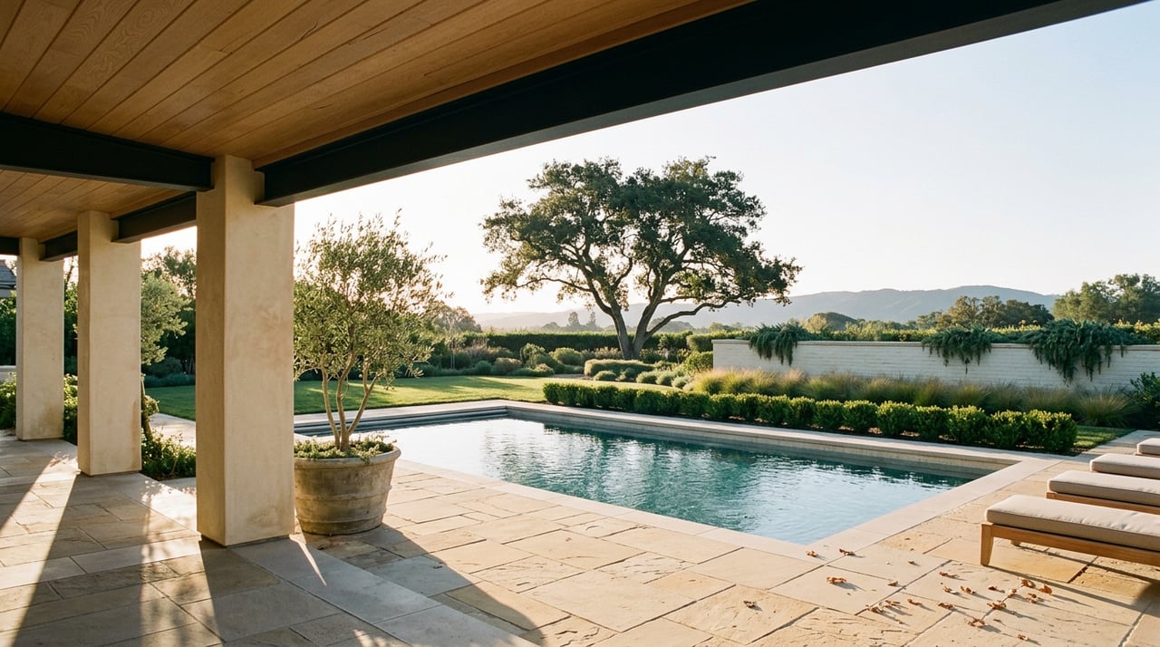 Backyard pool and limestone patio beneath an oak-beamed cover, with a broad oak tree and ridgeline beyond.