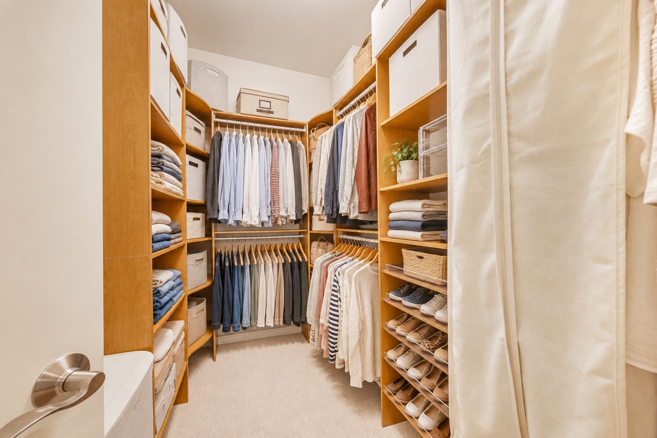 Primary walk-in closet with built-in shelving