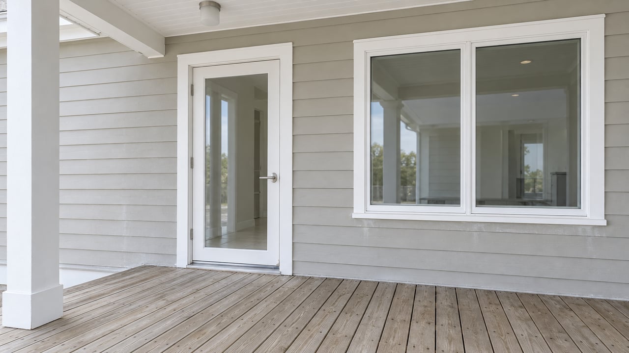Close view of a raised home's covered porch with silvered timber decking, pale siding, a glazed entry door and white-trimmed window.