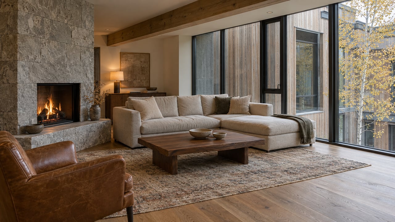 Condominium living room with limestone fireplace, oatmeal sofa, oak floors, and an aspen tree beyond the glass.