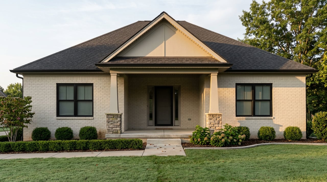Light-brick home with covered porch, stone column bases, black-framed windows, and broad front lawn.
