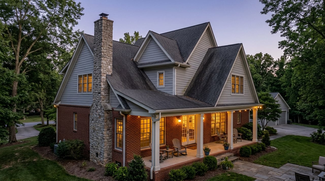 Large brick-and-stone home with gray siding, three gables, covered porch, and glowing windows at twilight.