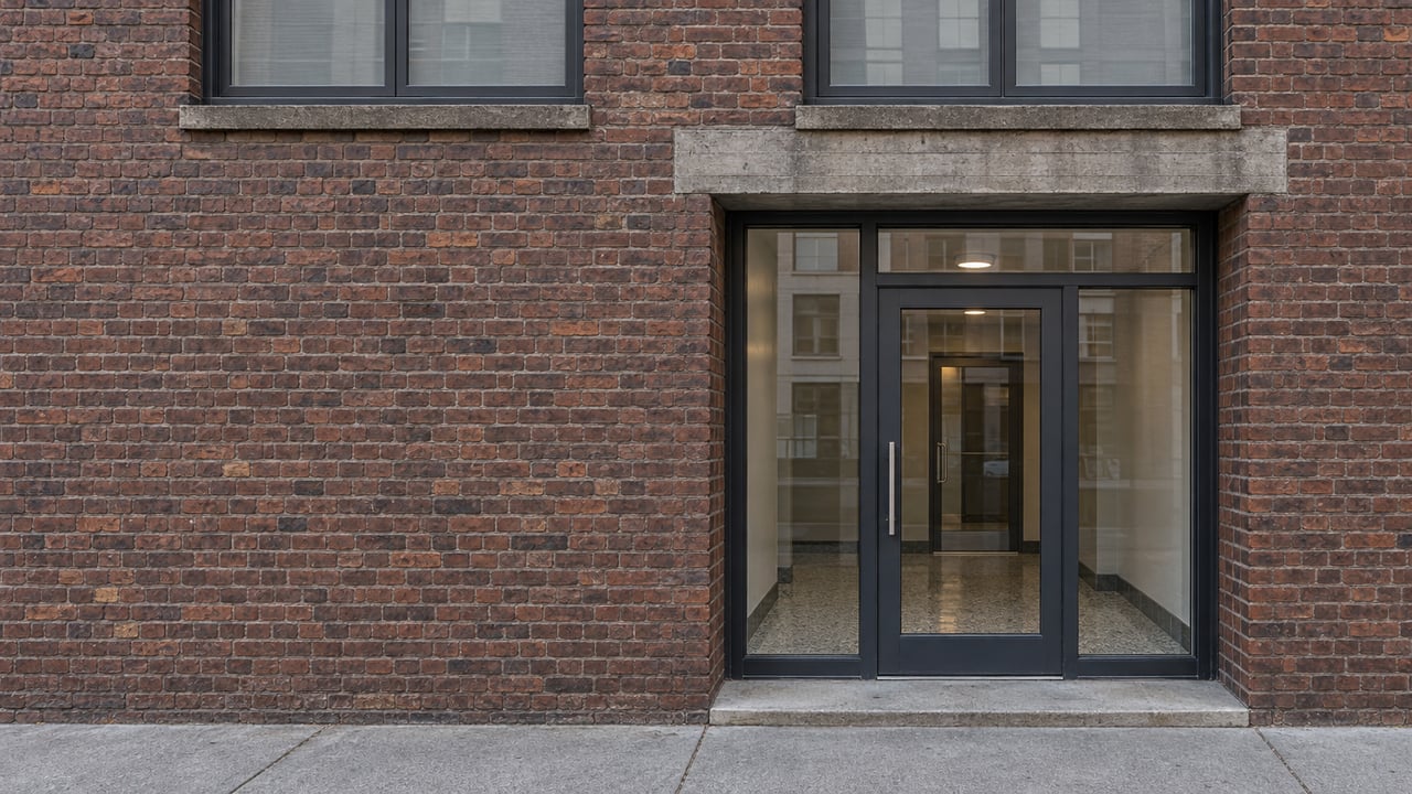 Russet brick residential entrance with charcoal steel-framed glass doors, tall windows and a worn concrete sidewalk.