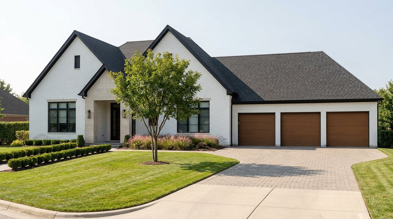 White-brick suburban home with wood-toned garage doors, a sweeping paver driveway, striped lawn, and a mature tree.