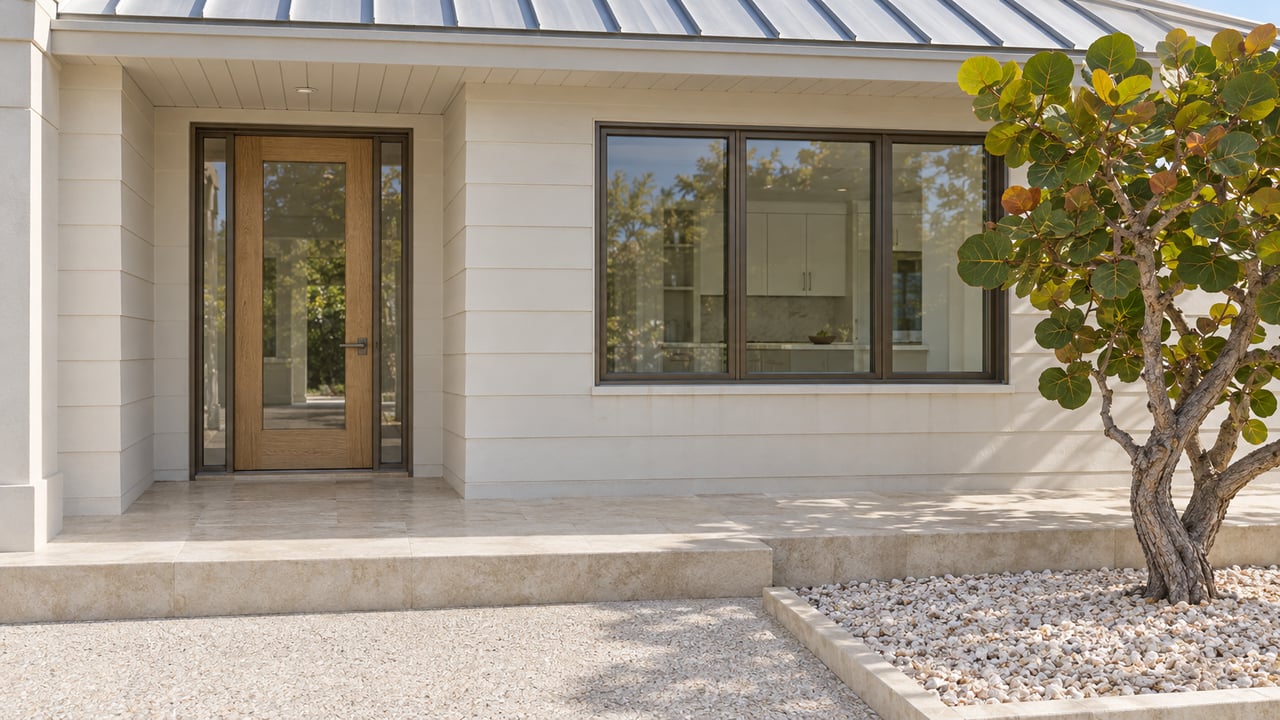 Sunlit coastal home's ivory siding, glazed oak entrance, bronze-framed window and limestone porch beside a sea grape tree.