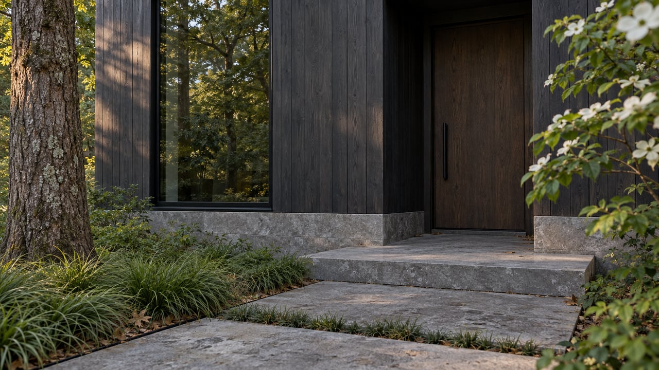 Charcoal wood-clad entry with a black-framed window, recessed oak door, and limestone steps beside an oak tree.