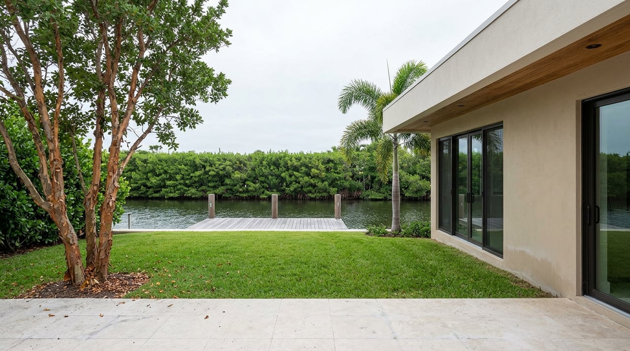 Contemporary canal-side home with a broad flat roof, travertine terrace, manicured lawn, and wooden dock.