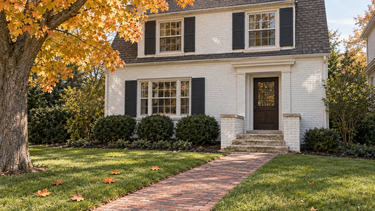 White-painted brick house with dark shutters, a clay-brick front walk, limestone entry steps, and an ochre maple canopy.
