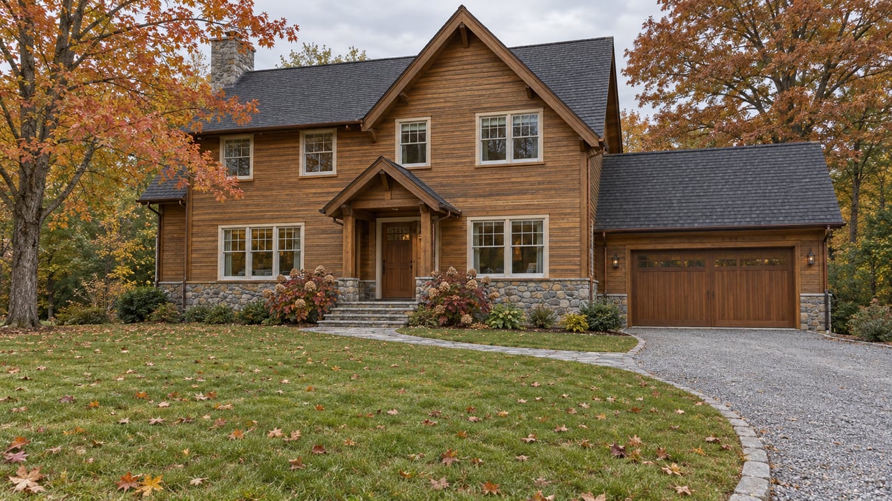 Timber-clad single-family home with a fieldstone base, deep front lawn, gravel approach, and autumn maple and oak trees.