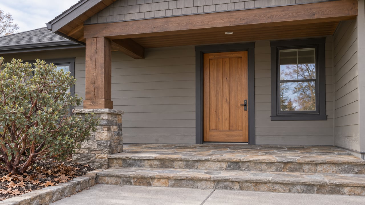 Covered home entry with warm-gray lap siding, a timber porch post, honey-brown door and weathered stone steps beside a manzanita.