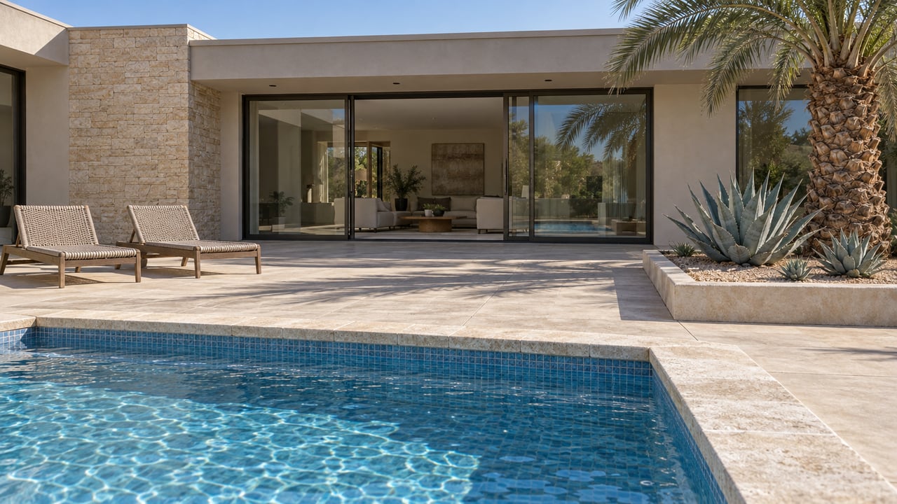 Sunlit pool terrace with limestone coping, a low sand-colored home, teak lounge chairs and a mature date palm.