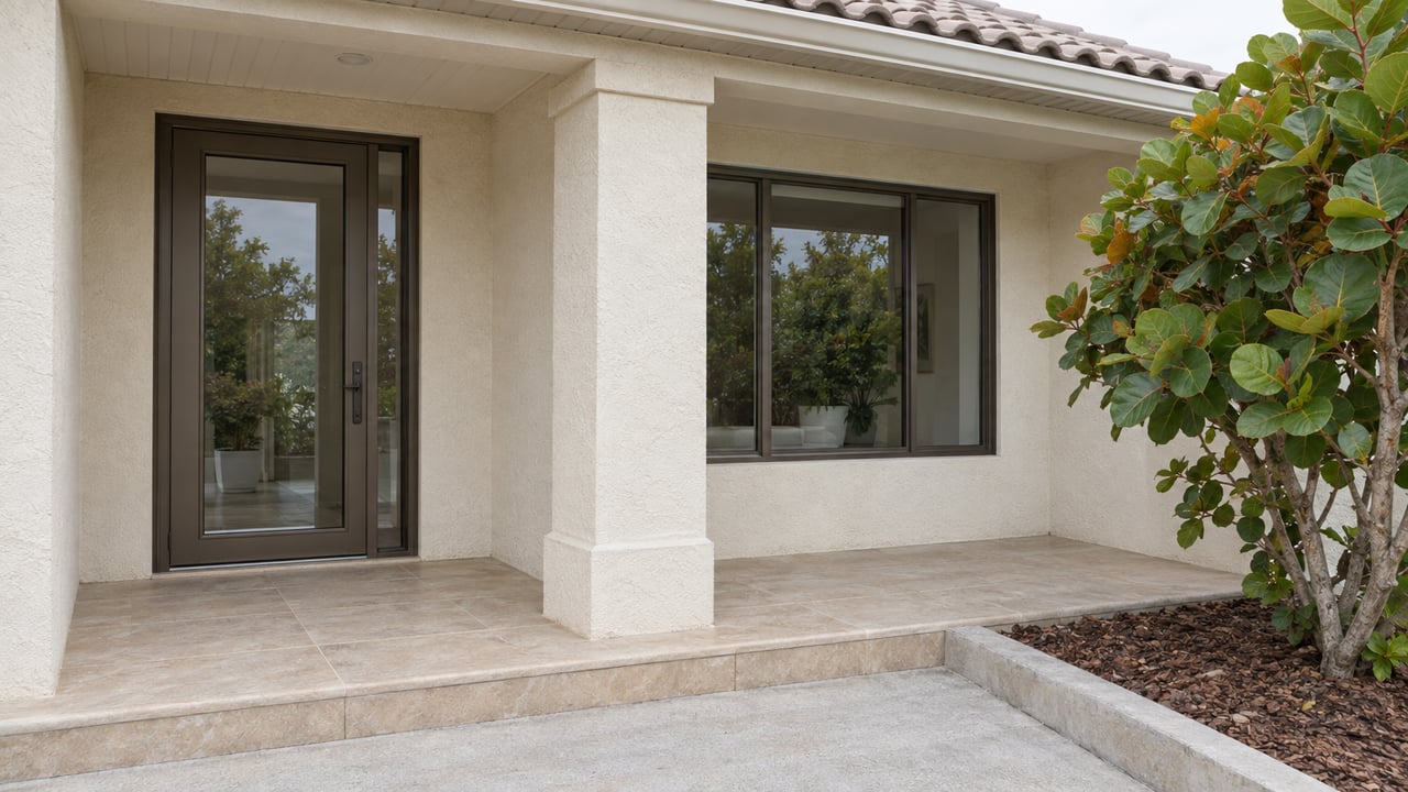 Covered home entry with ivory stucco, bronze-framed glass, a tiled landing and a sea grape specimen.