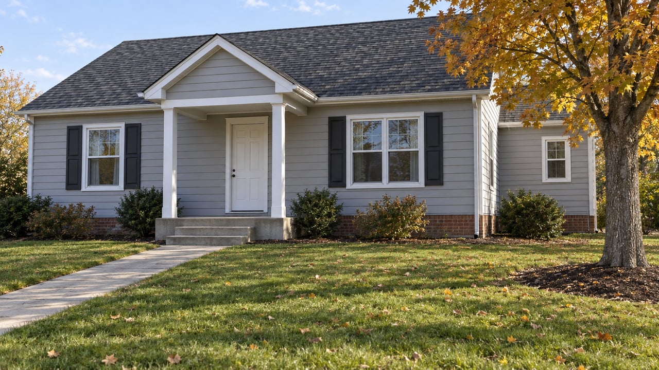 Light-gray gabled house across a deep autumn lawn, with a modest white porch and an amber sugar maple.