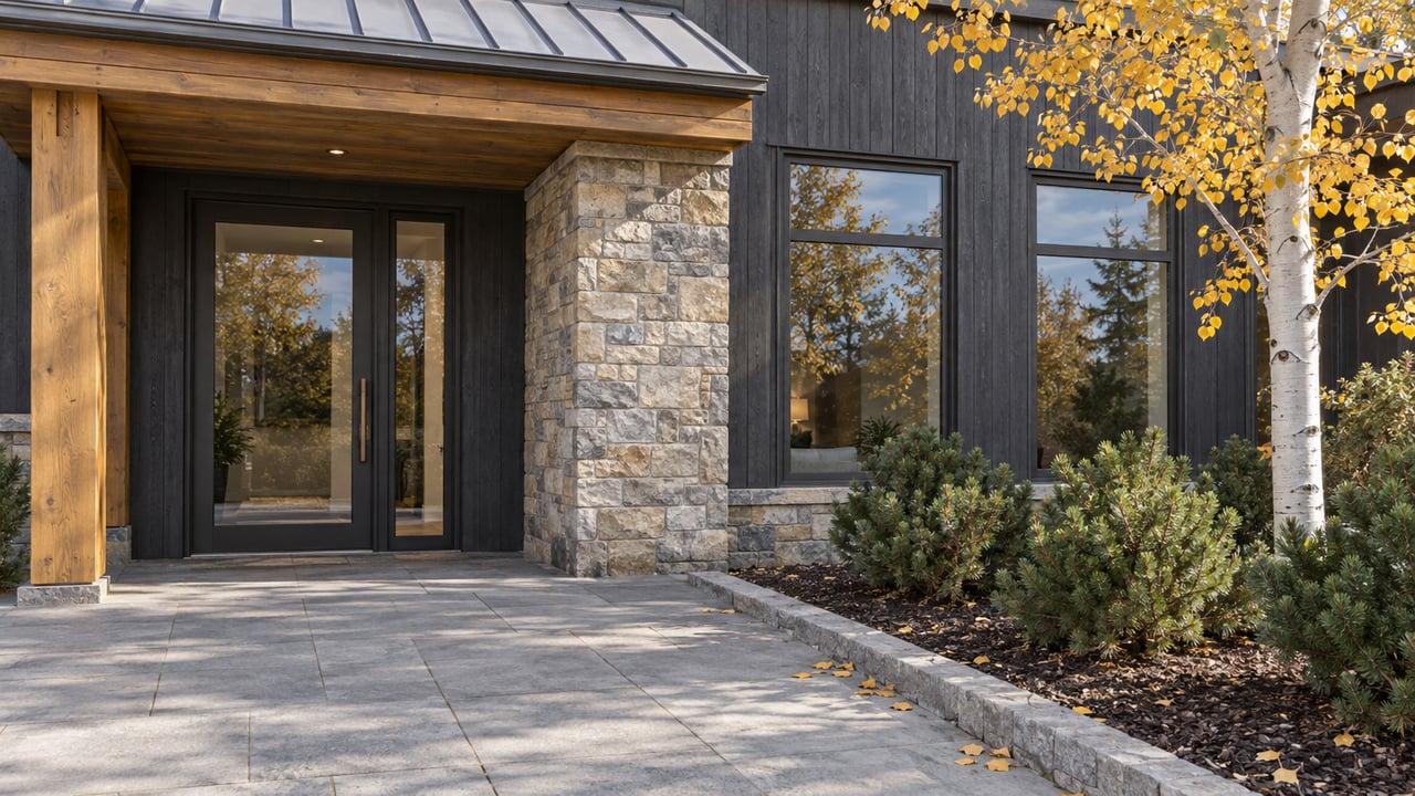Autumn daylight on a condominium entrance with dark timber siding, stone masonry, tall windows and a paved approach beside a golden-leaved aspen.
