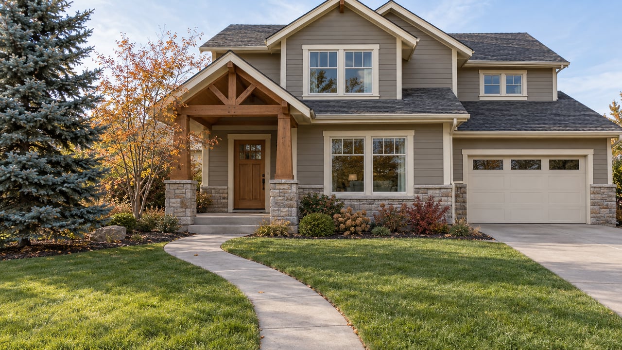 Two-story gray lap-sided home with a timber porch, stone entry bases and a deep autumn lawn.