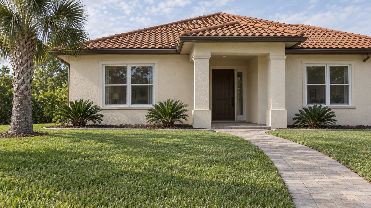 Cream stucco home with an orange tile roof, broad green lawn, curved paver walkway and one mature palm in soft daylight.