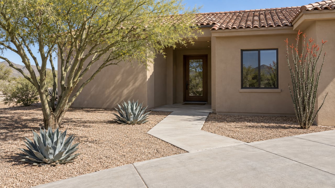 Desert home with terracotta-tile roof, recessed glass entry, and a broad concrete approach bordered by granite and agaves.
