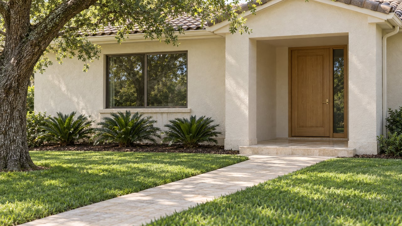 Ivory stucco home with a pale oak entry door, bronze-framed window, tiled gable and limestone approach across a deep green lawn beneath a spreading live oak.