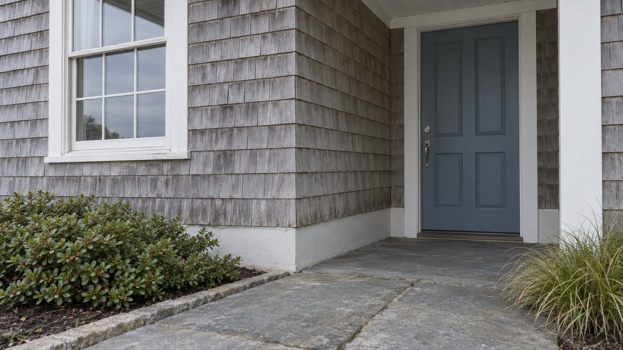 Weathered gray-shingled coastal home with a white-trimmed window, recessed blue door, and bluestone approach slabs.