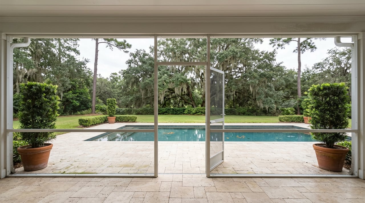 Screened porch opens onto a tan paver pool deck, blue-green pool, lawn, and oak canopy draped with Spanish moss.