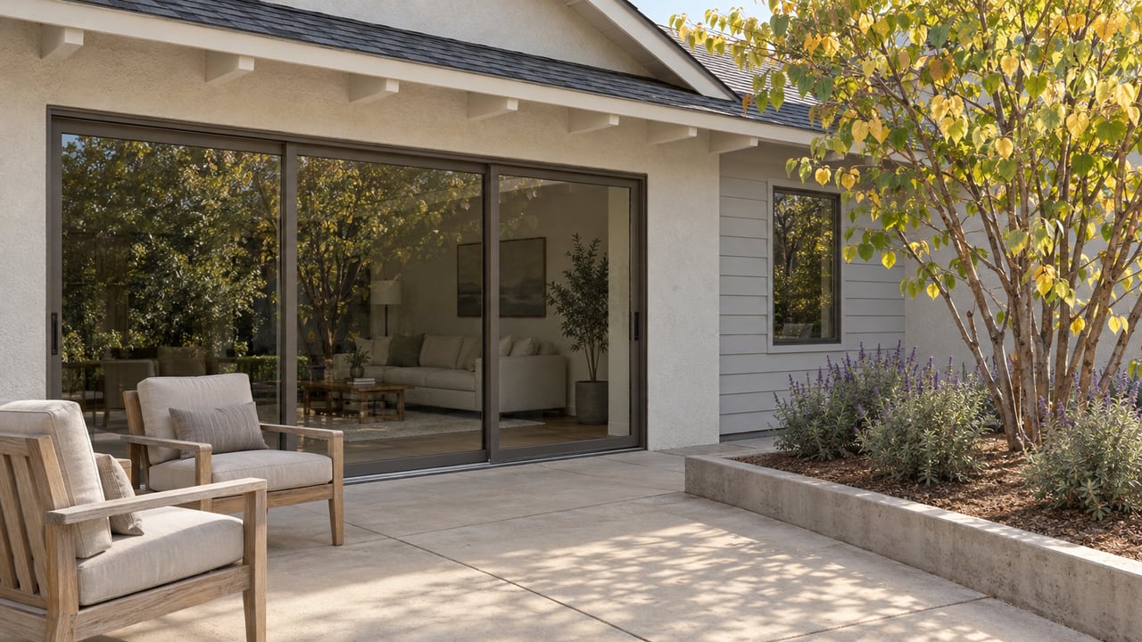 Covered patio with teak chairs, pale stucco and siding, closed glass doors, and a concrete-bordered bed planted with western redbud and Cleveland sage.
