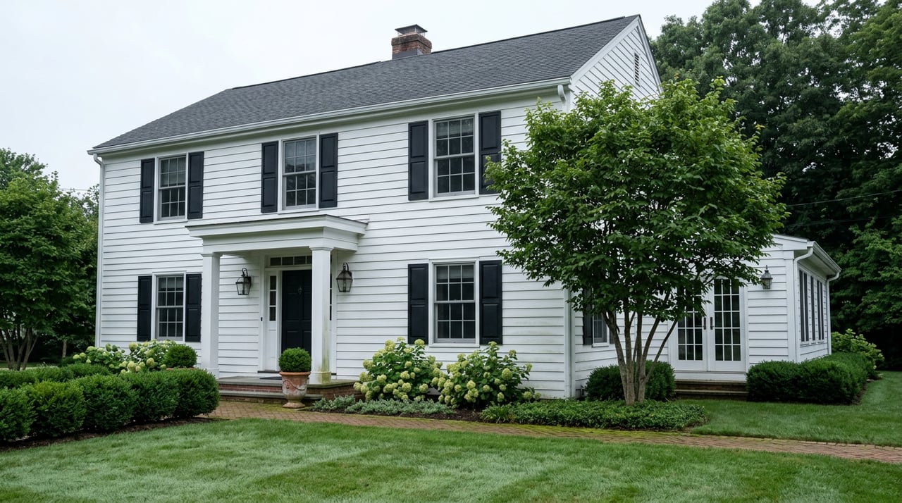 White clapboard Colonial with black shutters, a brick walkway, boxwood hedges, and French doors.