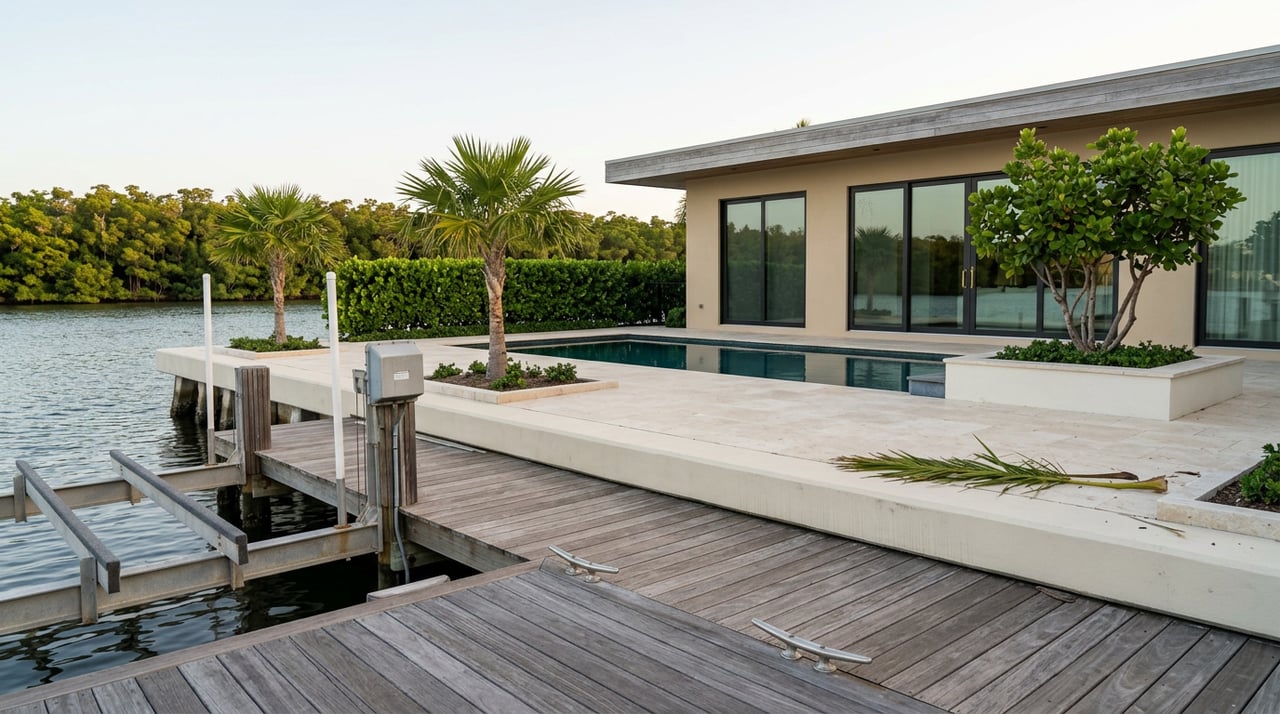 Waterfront residence with a dark blue-green pool, cream stone terrace, dock, and palms across the water.