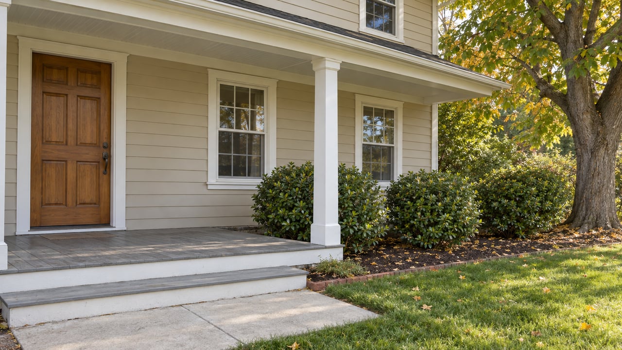 Beige clapboard home with a covered timber porch, white-trimmed windows and an established walnut tree beside a green front garden.