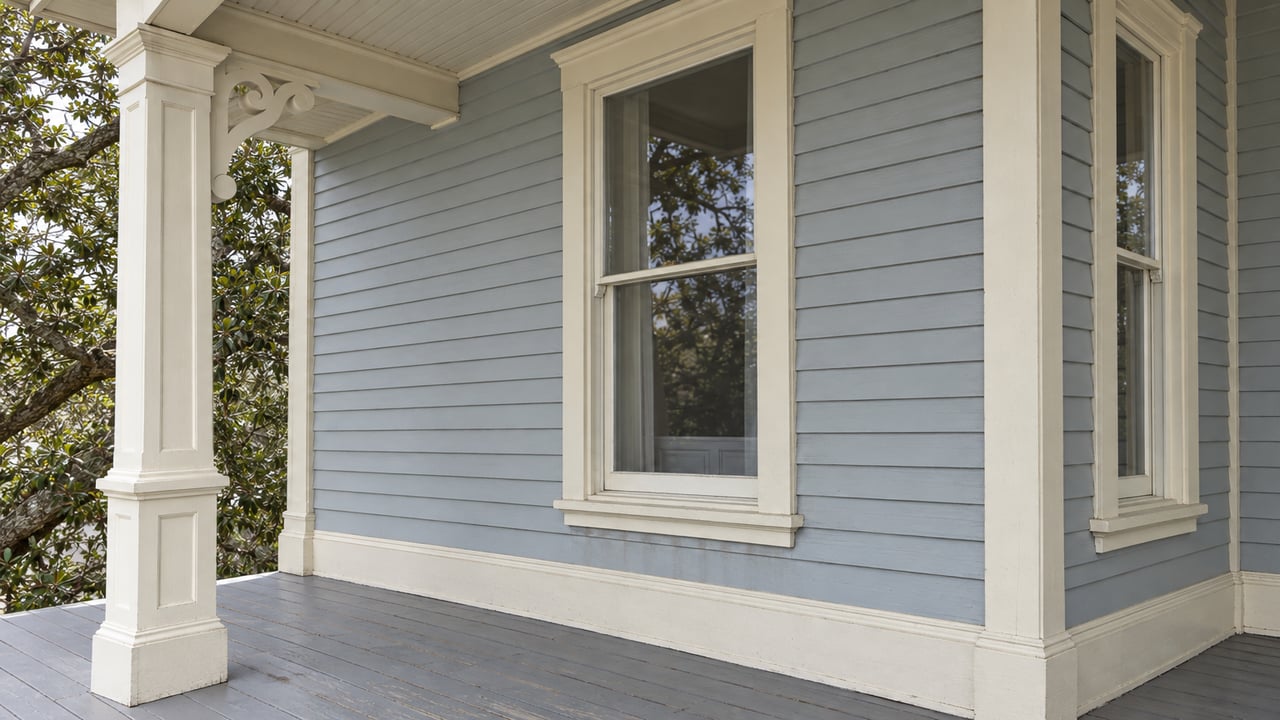 Cream carved porch bracket and tall sash windows against pale blue-gray wood siding, with gently worn gray porch boards.