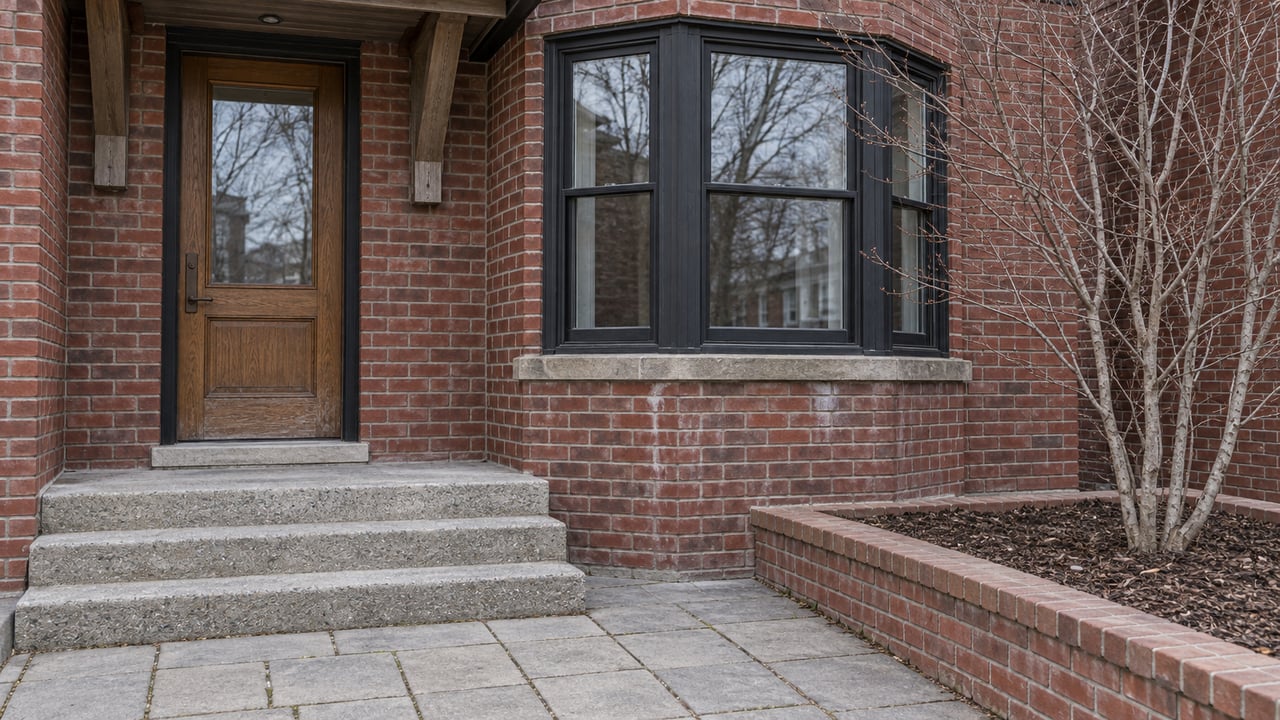 Winter daylight on a red brick home's oak entry door, black bay windows and compact paved front court beside a leafless serviceberry.