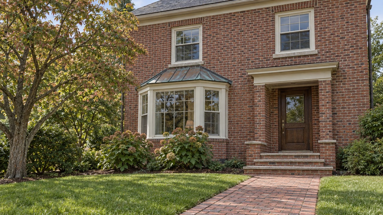 Brick home with a copper-capped window bay, oak front door and brick garden approach in soft late-morning daylight.