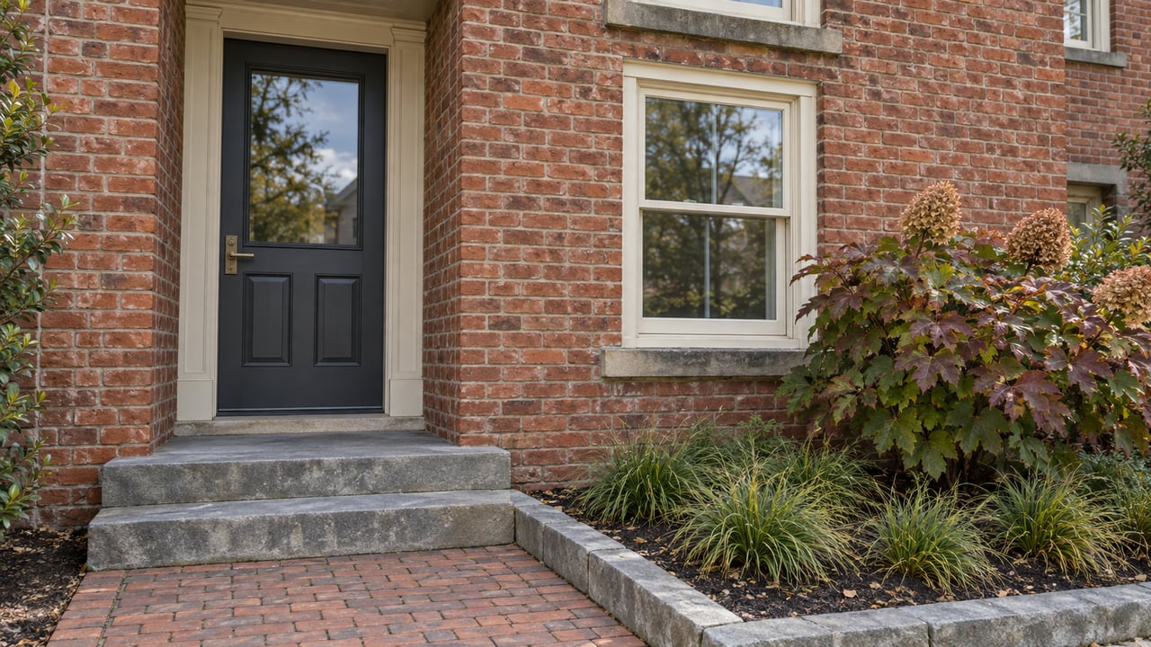 Weathered red-brick townhouse entrance with an ivory-framed sash window, charcoal door, bluestone steps and autumn oakleaf hydrangea.