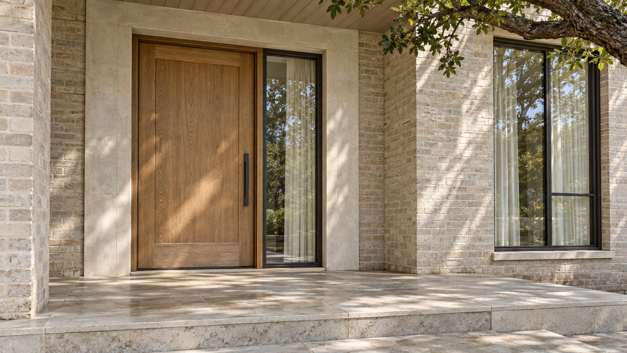 Buff-brick home entry with a limestone surround, oak door, bronze-framed glazing and a broad stone landing beneath a live oak branch.