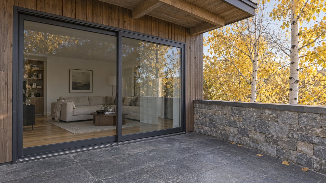 Modern residential terrace with weathered timber, stone paving and closed living-room glass beside golden autumn aspens.