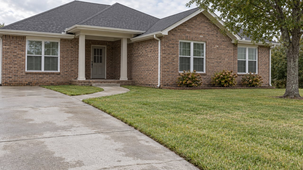 Single-story red-brown brick home with gabled roof, broad drying concrete driveway, deep lawn and a covered front entry.
