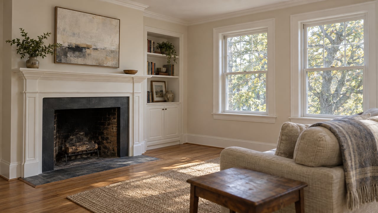 Living room with a painted fireplace mantel, abstract canvas, two windows, oak floor, and sofa edge.