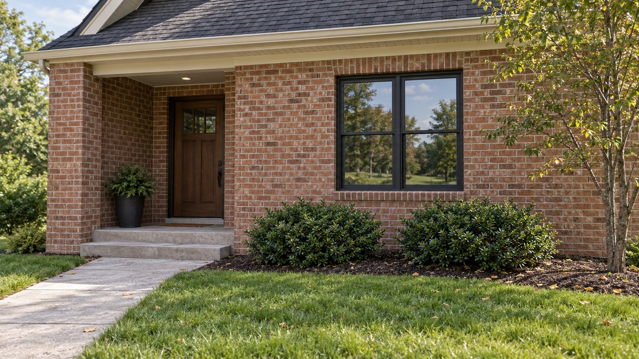 Brick house with a recessed oak-door entry, black-framed window, concrete walk, and broad lawn.
