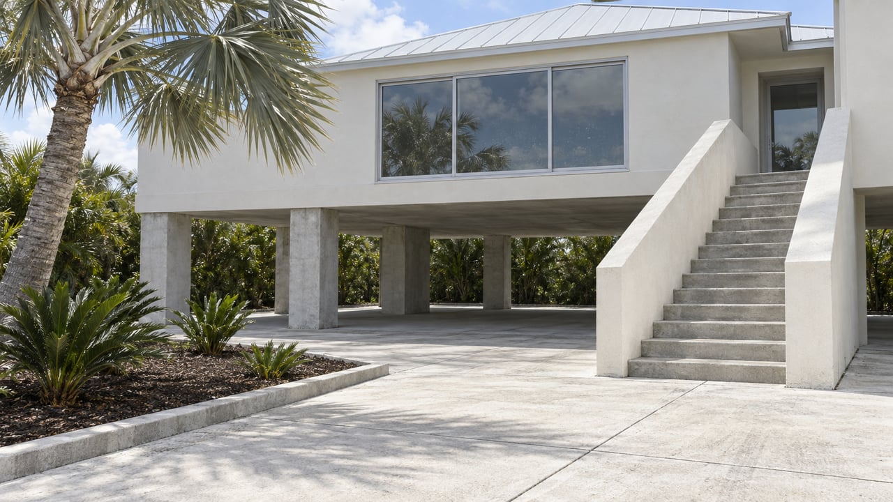 An elevated white contemporary home with broad sliding windows, concrete stairs, a silver fan palm and a neatly edged planted bed.