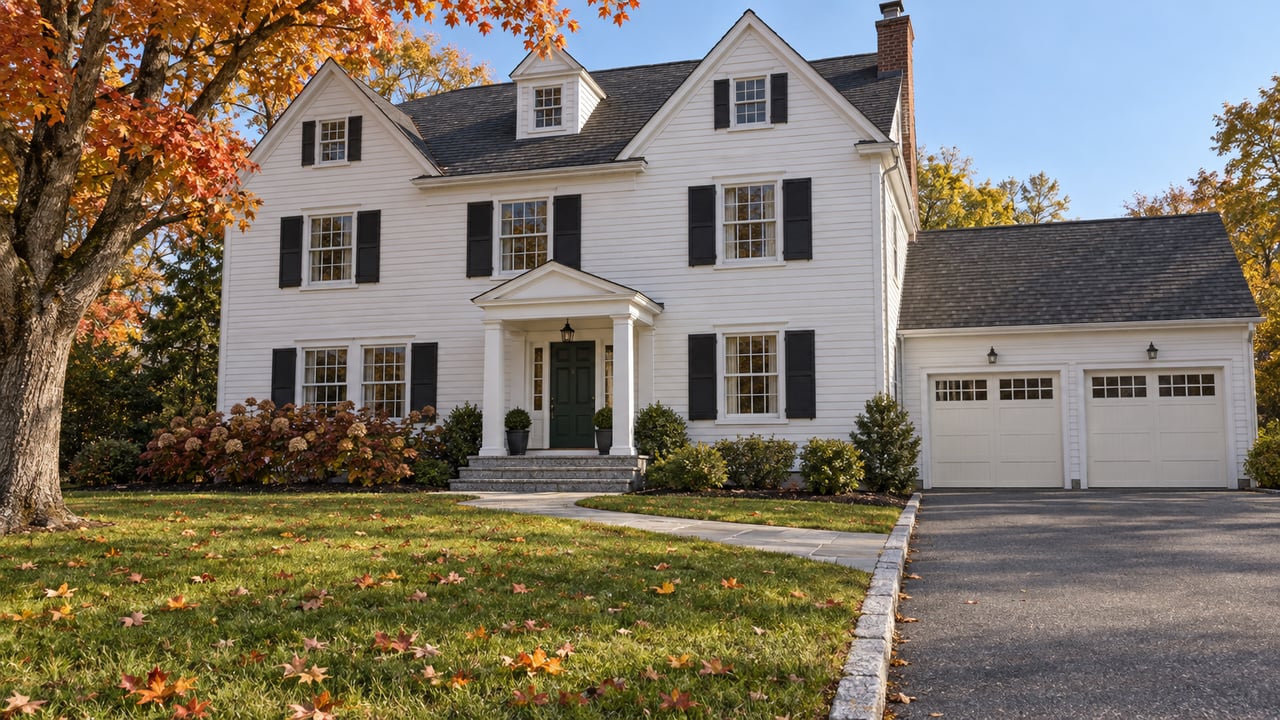 White clapboard house with dark gabled roof, green front door and recessed two-bay garage, across an autumn lawn beside an orange-leaved sugar maple.