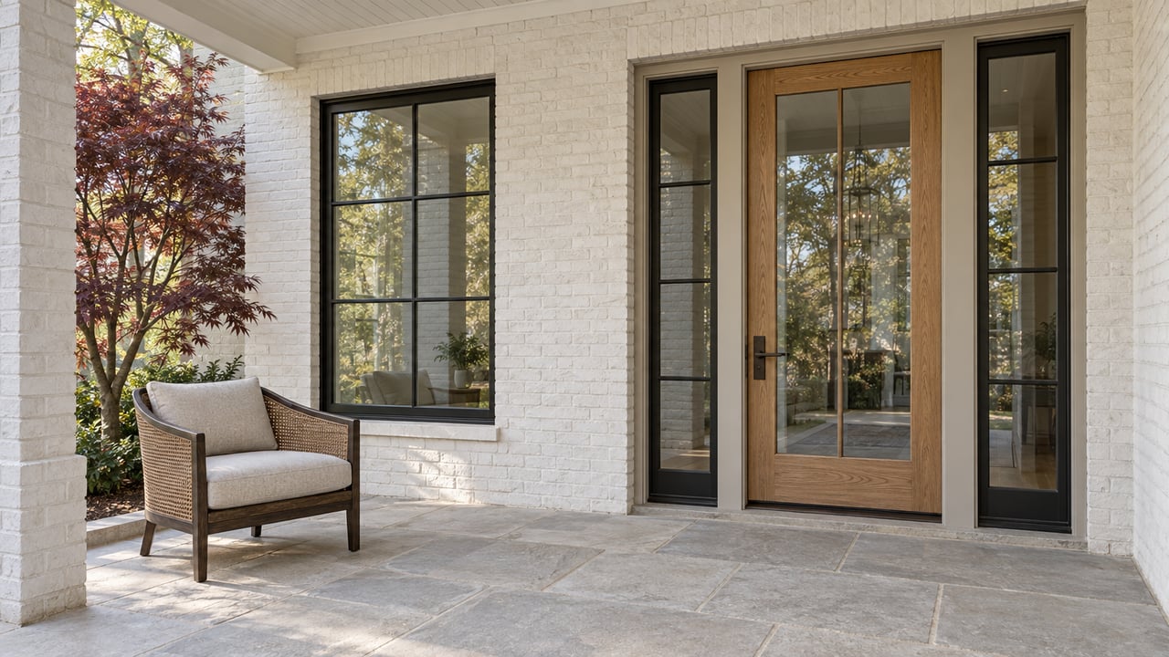 Morning light on a white brick porch with an oak entry door, black-framed windows, limestone paving and a cane chair.