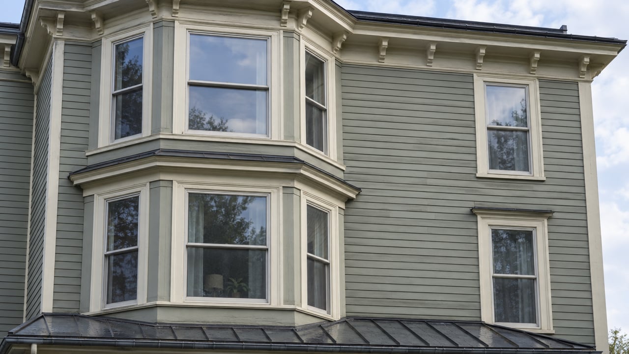 Two stacked cream-trimmed window bays on a gray-green clapboard condominium, with a weathered cornice and metal porch roof.