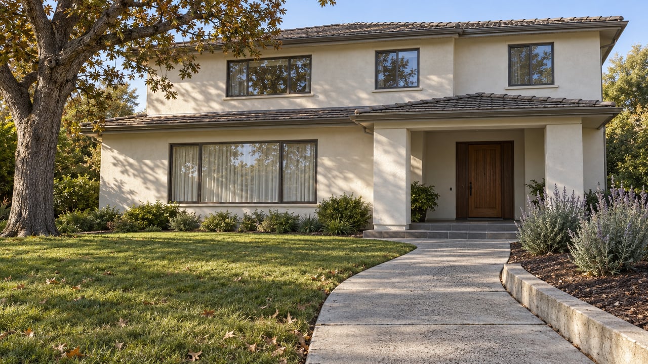A two-story cream stucco home with bronze-framed windows, a recessed oak front door, and a curving concrete walk beside an established oak and autumn lawn.