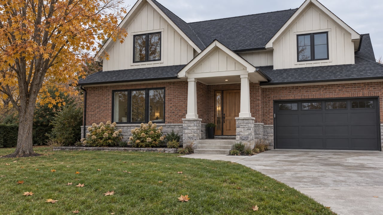 Gabled brick and cream-sided home behind a deep autumn lawn, with an amber sugar maple and a sheltered stone-based porch.