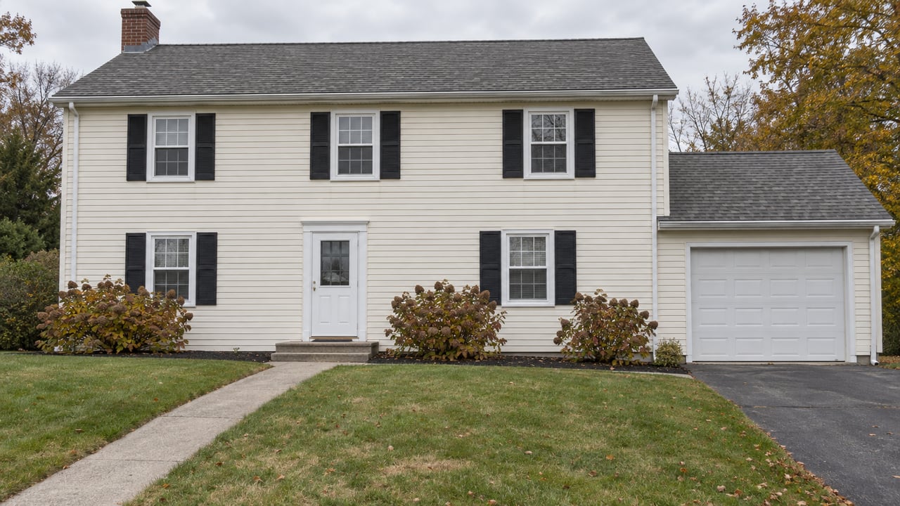 Cream-sided two-story home with black shutters, attached garage, concrete entry path and gently sloping autumn lawn.