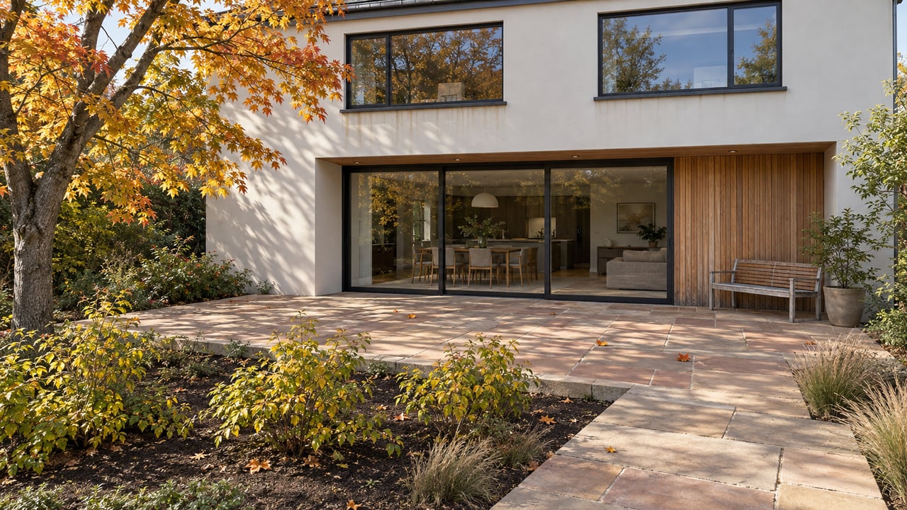 An updated white-stucco home with cedar siding and closed glass doors faces a sandstone terrace beneath an autumn maple.