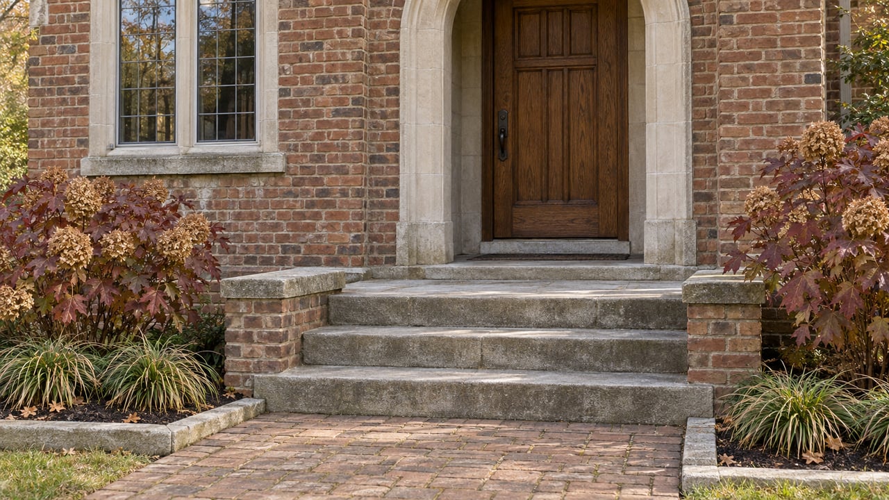 Russet brick home entry with an oak door, limestone arch and worn stone steps bordered by burgundy oakleaf hydrangeas.