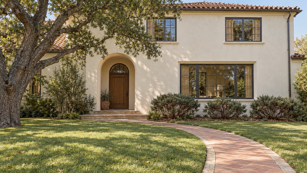 Ivory stucco home with terracotta roof, arched oak entrance and a curved garden walk beside a mature oak.