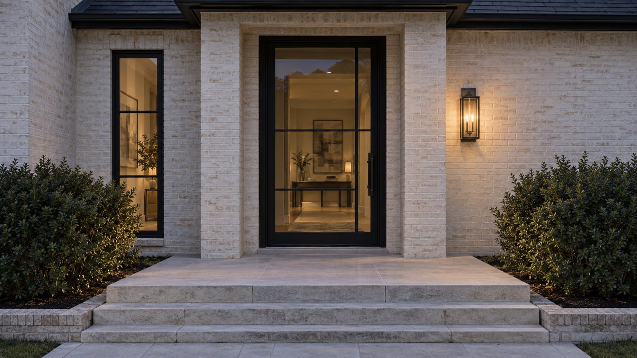 Brick house entry with a black-framed glass door, warm wall sconce, limestone steps, and clipped shrubs.