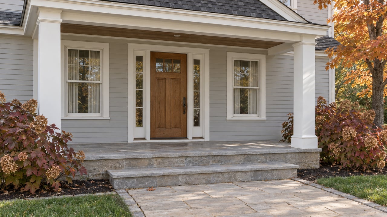 Pale-gray clapboard home with an oak front door, white porch columns, limestone steps and amber autumn foliage.