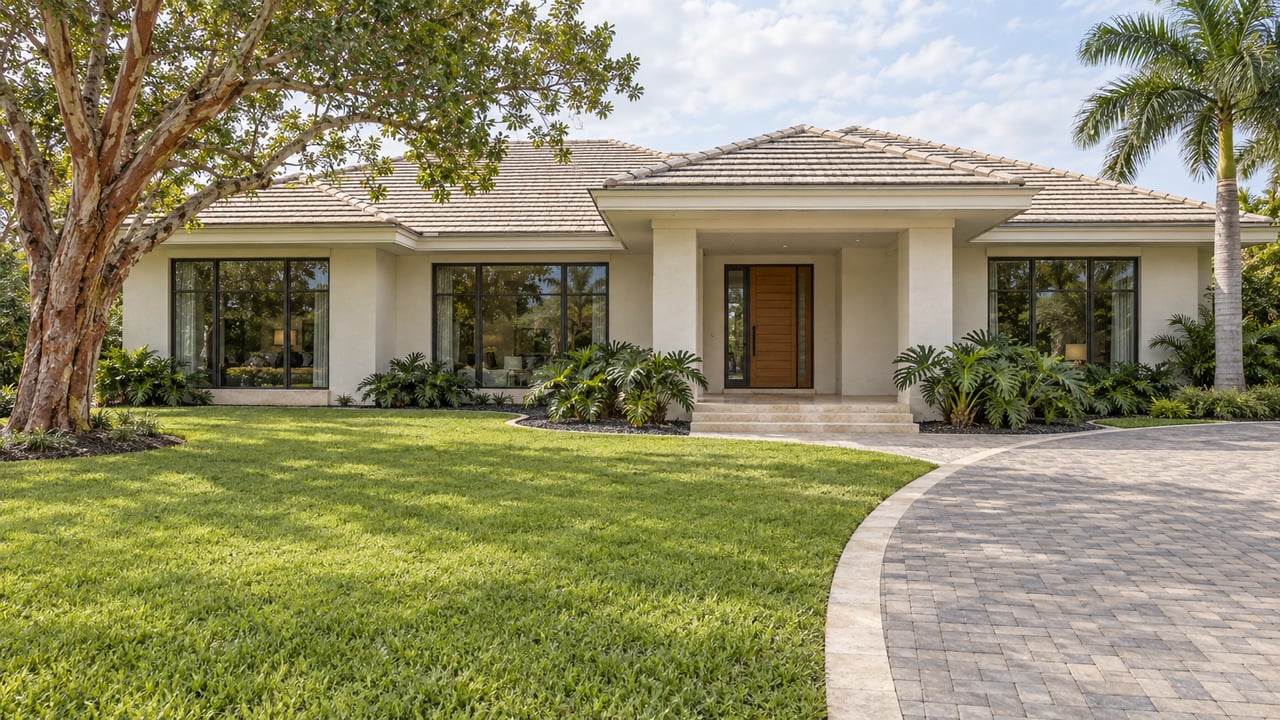 Ivory stucco residence with a pale tiled roof, bronze-framed windows, and a covered stone entry across a broad lawn.